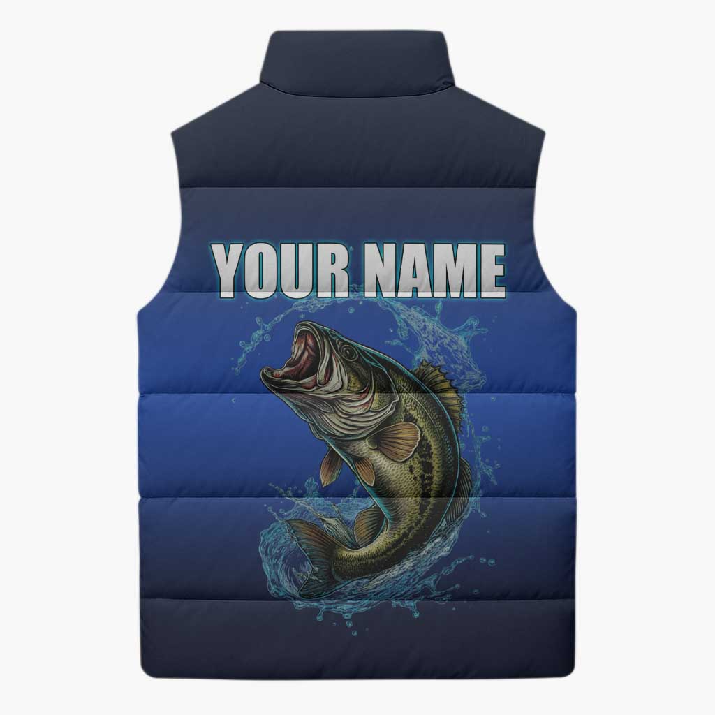 Custom Jumping Bass Fishing Sleeveless Puffer Jacket with Water Splash and Lightning Background - Wonder Print Shop