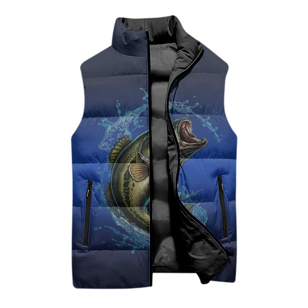 Custom Jumping Bass Fishing Sleeveless Puffer Jacket with Water Splash and Lightning Background - Wonder Print Shop