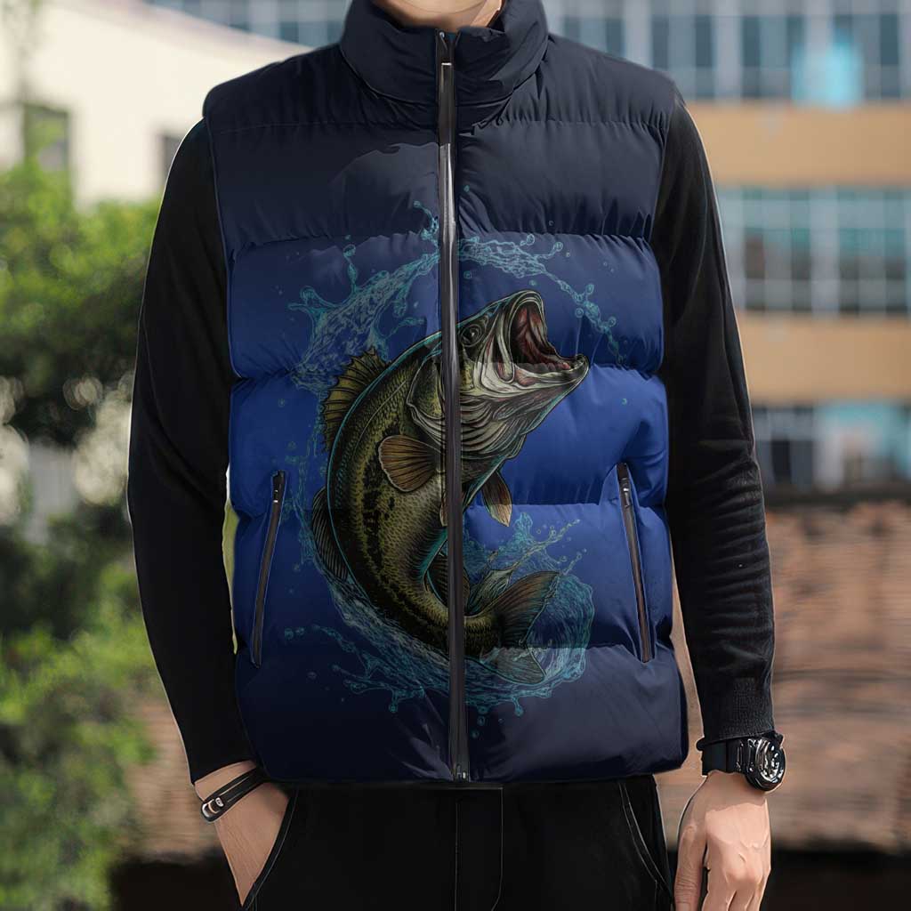 Custom Jumping Bass Fishing Sleeveless Puffer Jacket with Water Splash and Lightning Background - Wonder Print Shop