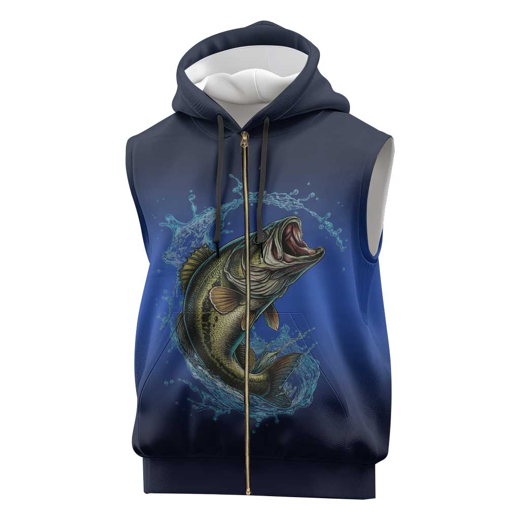 Custom Jumping Bass Fishing Sleeveless Zip Hoodie with Water Splash and Lightning Background - Wonder Print Shop