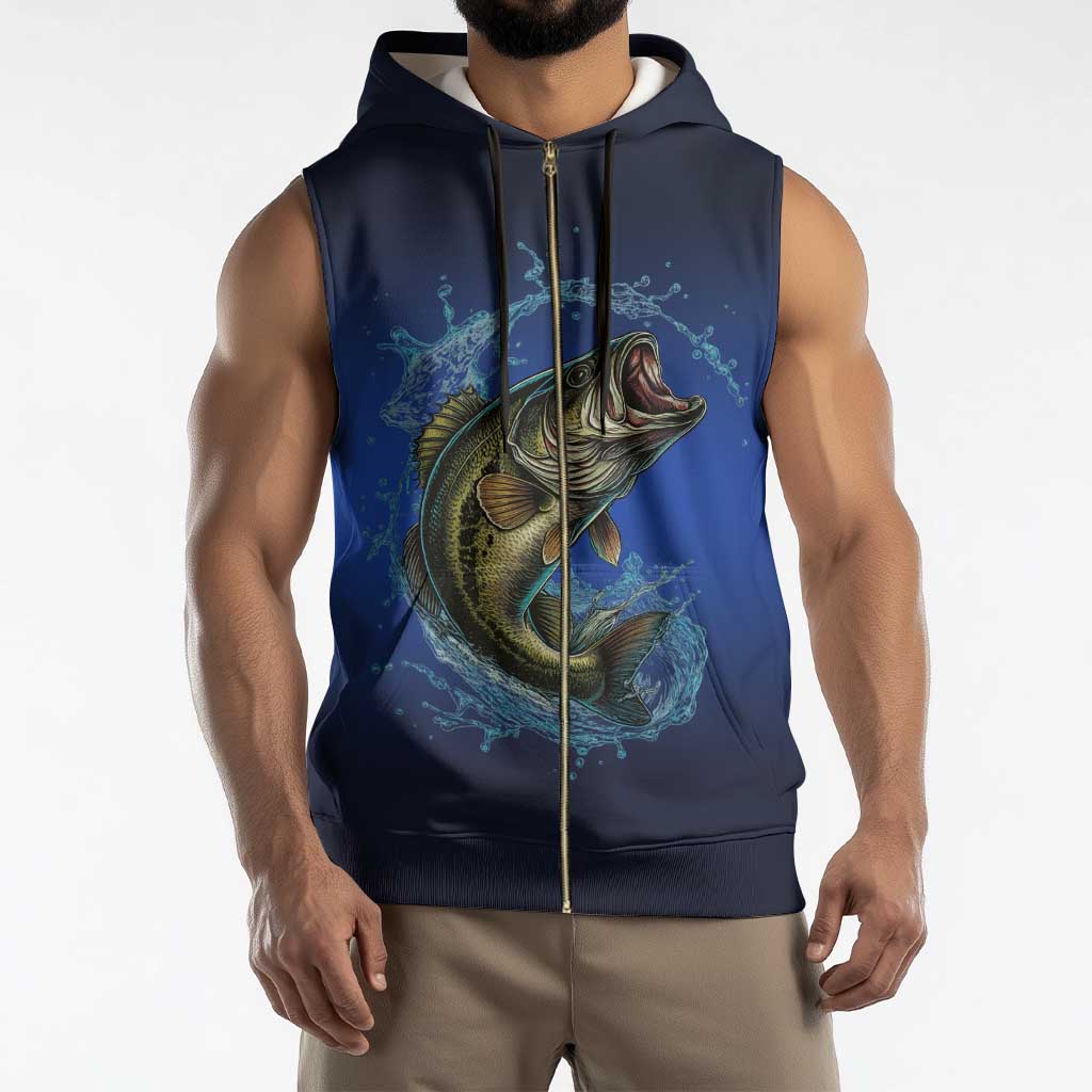 Custom Jumping Bass Fishing Sleeveless Zip Hoodie with Water Splash and Lightning Background - Wonder Print Shop