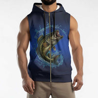 Custom Jumping Bass Fishing Sleeveless Zip Hoodie with Water Splash and Lightning Background - Wonder Print Shop