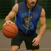 Custom Jumping Bass Fishing Sleeveless Zip Hoodie with Water Splash and Lightning Background - Wonder Print Shop