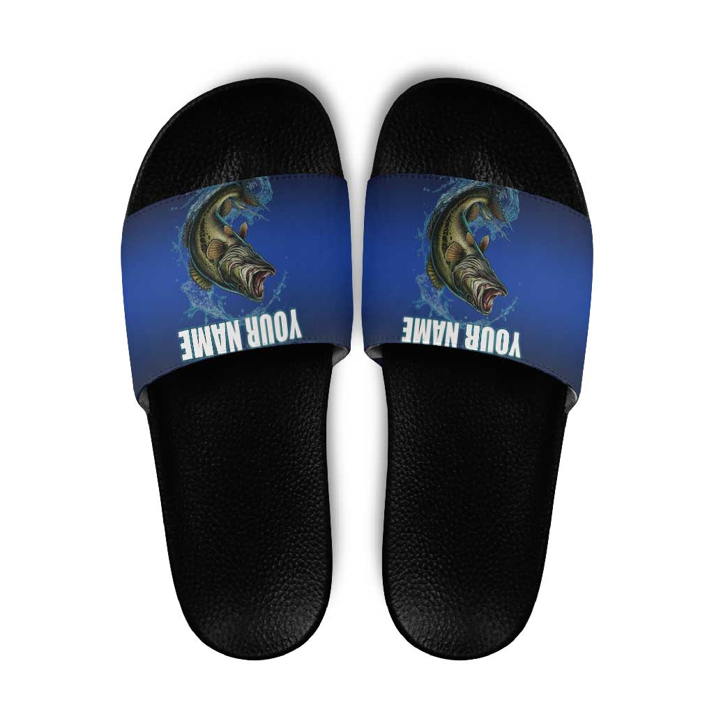 Custom Jumping Bass Fishing Slide Sandals with Water Splash and Lightning Background - Wonder Print Shop