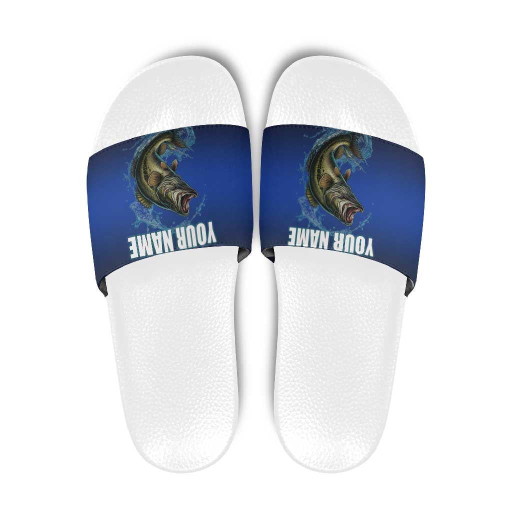 Custom Jumping Bass Fishing Slide Sandals with Water Splash and Lightning Background - Wonder Print Shop
