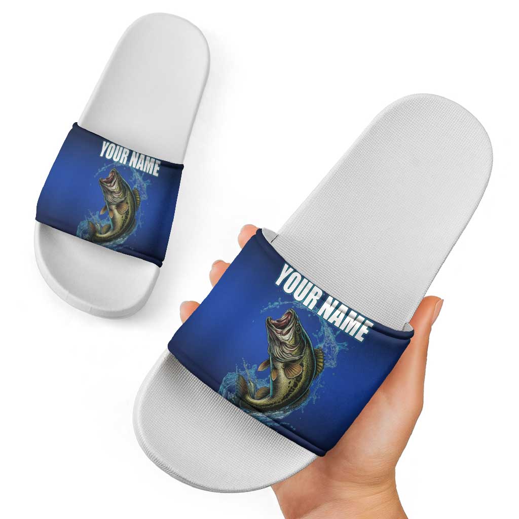 Custom Jumping Bass Fishing Slide Sandals with Water Splash and Lightning Background - Wonder Print Shop