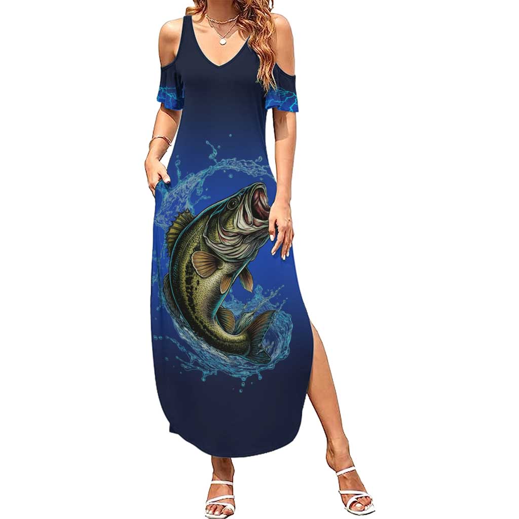 Custom Jumping Bass Fishing Summer Maxi Dress with Water Splash and Lightning Background - Wonder Print Shop