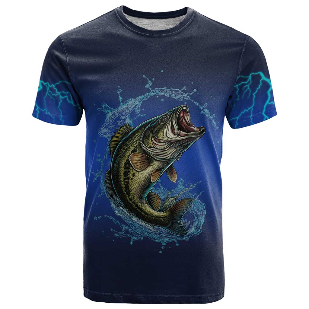 Custom Jumping Bass Fishing T Shirt with Water Splash and Lightning Background - Wonder Print Shop