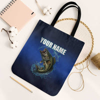 Custom Jumping Bass Fishing Tote Bag with Water Splash and Lightning Background - Wonder Print Shop