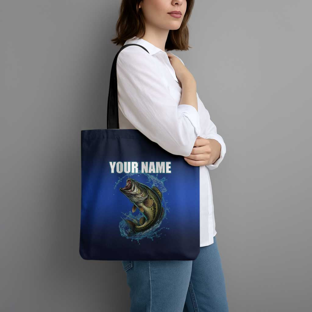 Custom Jumping Bass Fishing Tote Bag with Water Splash and Lightning Background - Wonder Print Shop