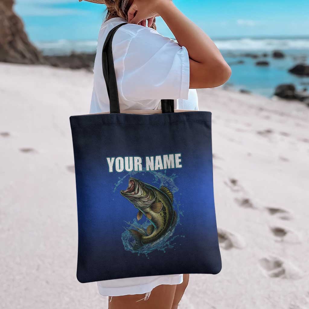 Custom Jumping Bass Fishing Tote Bag with Water Splash and Lightning Background - Wonder Print Shop