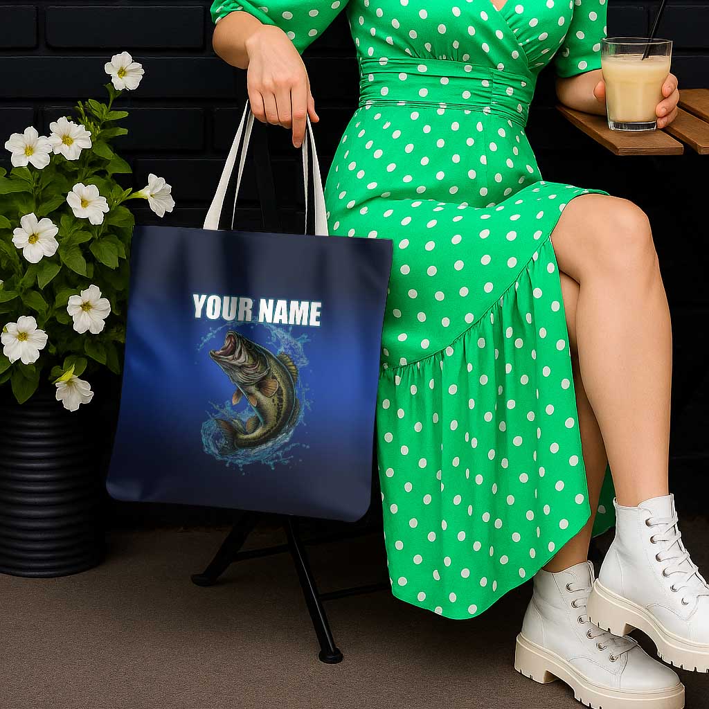 Custom Jumping Bass Fishing Tote Bag with Water Splash and Lightning Background - Wonder Print Shop