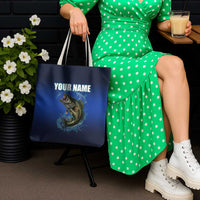 Custom Jumping Bass Fishing Tote Bag with Water Splash and Lightning Background - Wonder Print Shop