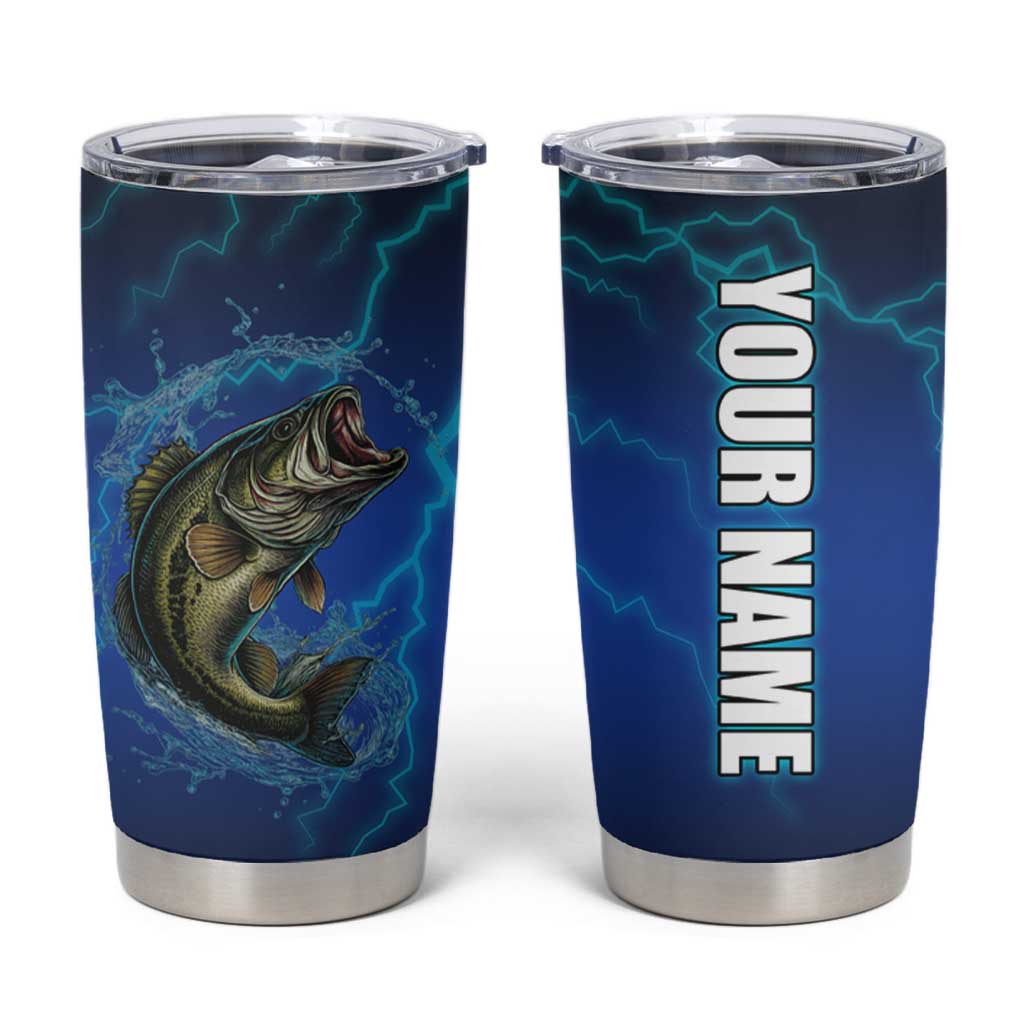 Custom Jumping Bass Fishing Tumbler Cup with Water Splash and Lightning Background - Wonder Print Shop