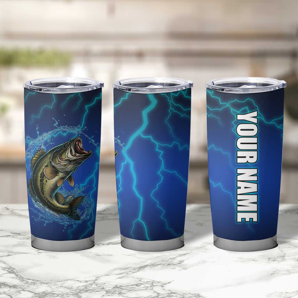 Custom Jumping Bass Fishing Tumbler Cup with Water Splash and Lightning Background - Wonder Print Shop
