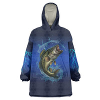 Custom Jumping Bass Fishing Wearable Blanket Hoodie with Water Splash and Lightning Background - Wonder Print Shop