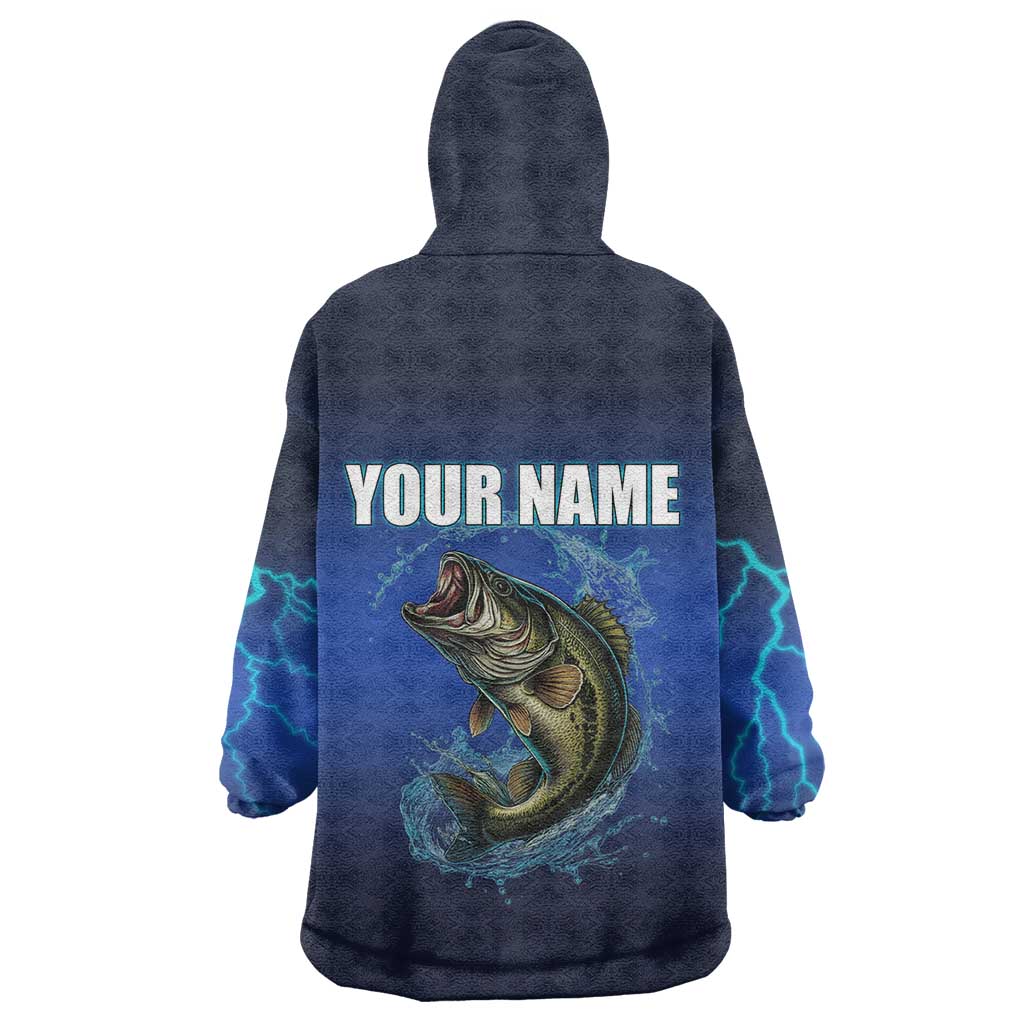 Custom Jumping Bass Fishing Wearable Blanket Hoodie with Water Splash and Lightning Background - Wonder Print Shop