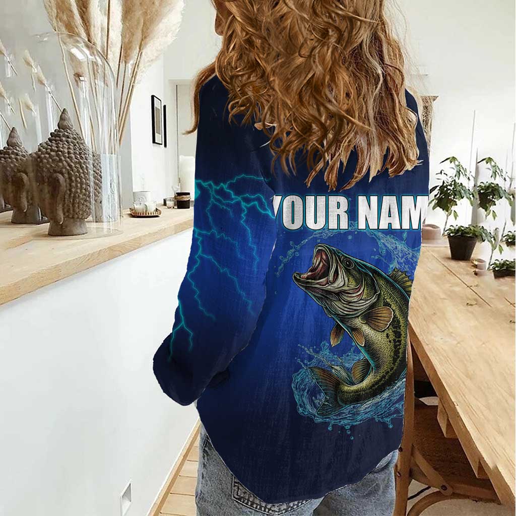 Custom Jumping Bass Fishing Women Casual Shirt with Water Splash and Lightning Background - Wonder Print Shop