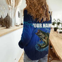 Custom Jumping Bass Fishing Women Casual Shirt with Water Splash and Lightning Background - Wonder Print Shop
