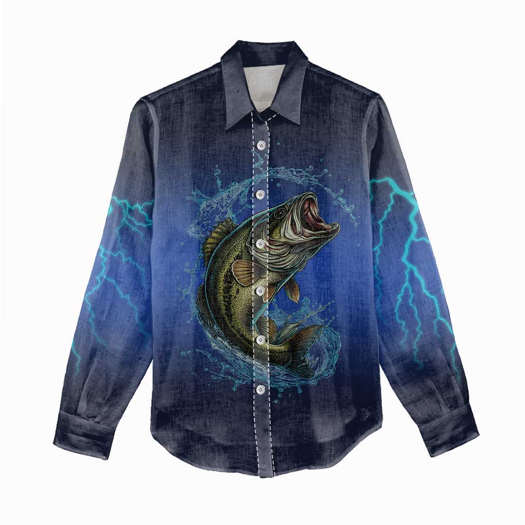 Custom Jumping Bass Fishing Women Casual Shirt with Water Splash and Lightning Background - Wonder Print Shop