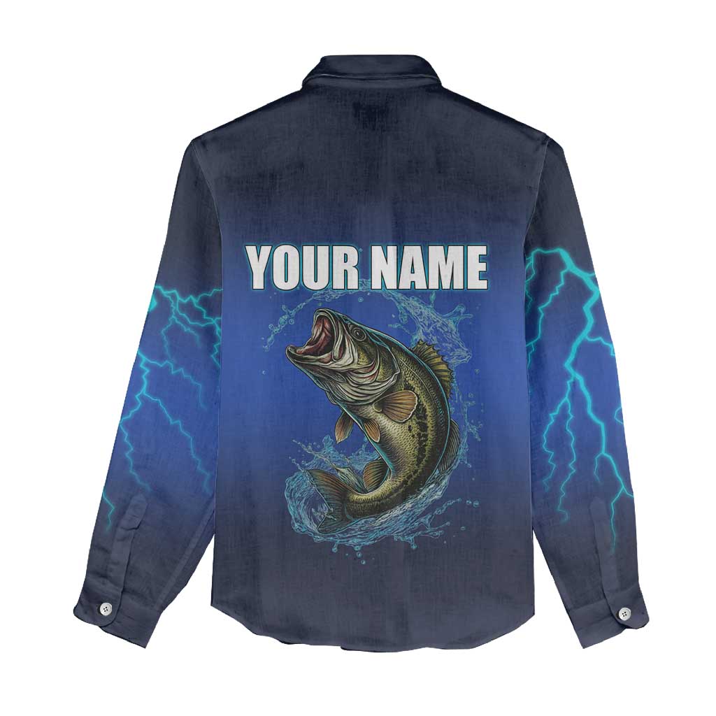 Custom Jumping Bass Fishing Women Casual Shirt with Water Splash and Lightning Background - Wonder Print Shop