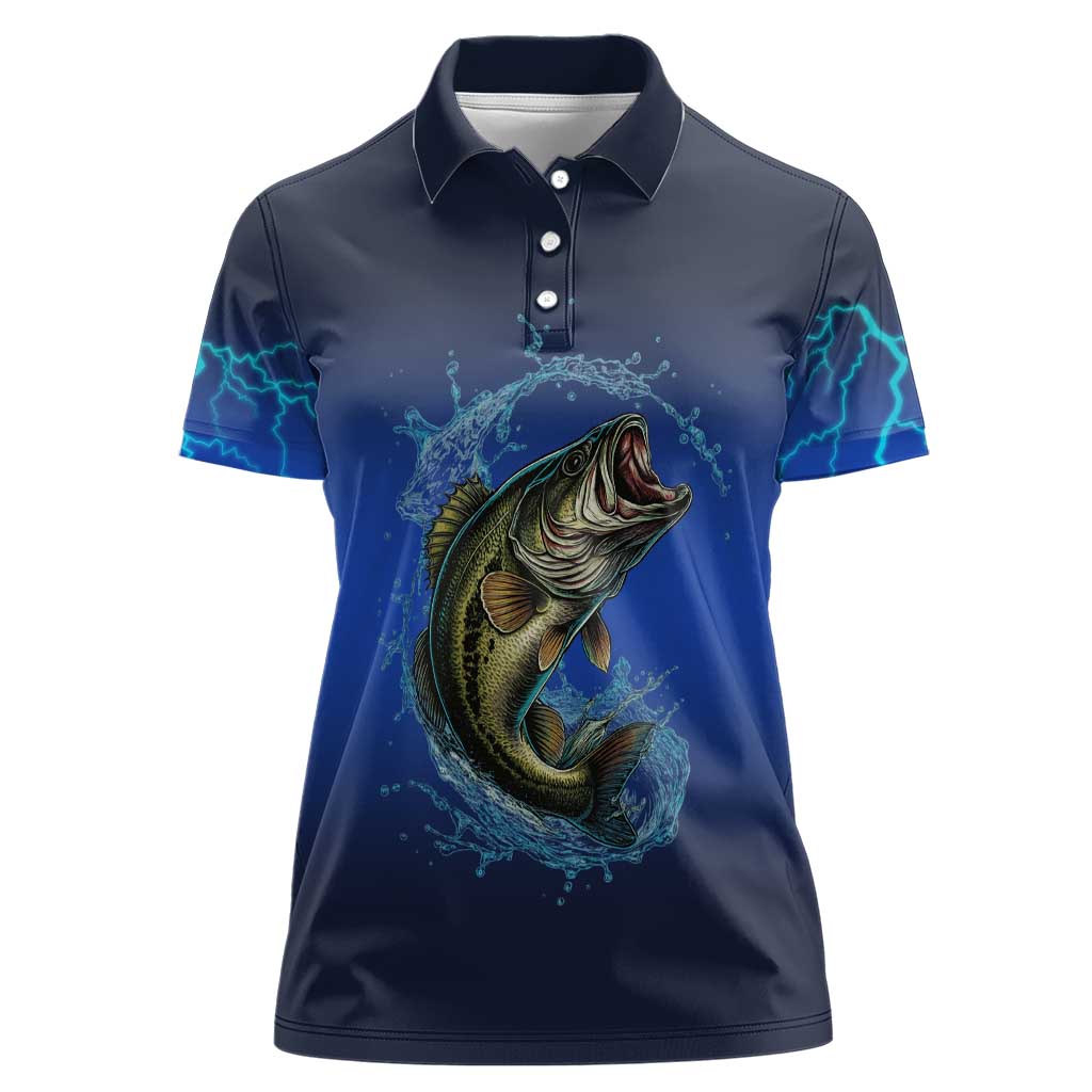 Custom Jumping Bass Fishing Women Polo Shirt with Water Splash and Lightning Background - Wonder Print Shop