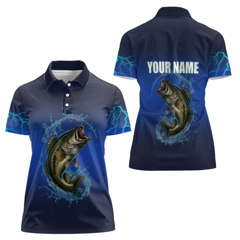 Custom Jumping Bass Fishing Women Polo Shirt with Water Splash and Lightning Background - Wonder Print Shop