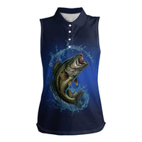Custom Jumping Bass Fishing Women Sleeveless Polo Shirt with Water Splash and Lightning Background - Wonder Print Shop