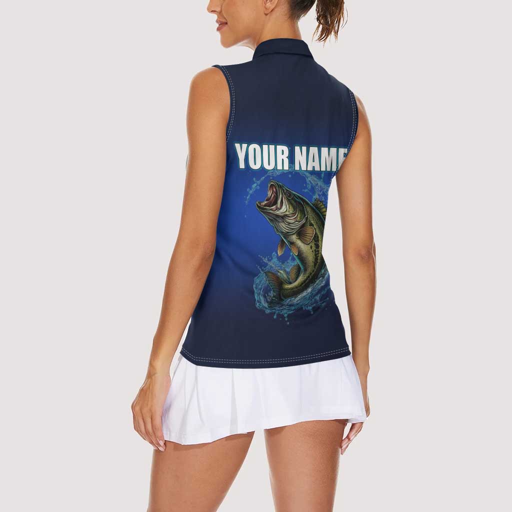 Custom Jumping Bass Fishing Women Sleeveless Polo Shirt with Water Splash and Lightning Background - Wonder Print Shop