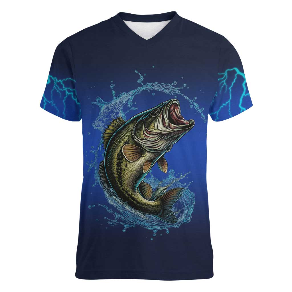 Custom Jumping Bass Fishing Women V-Neck T-Shirt with Water Splash and Lightning Background - Wonder Print Shop