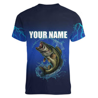 Custom Jumping Bass Fishing Women V-Neck T-Shirt with Water Splash and Lightning Background - Wonder Print Shop