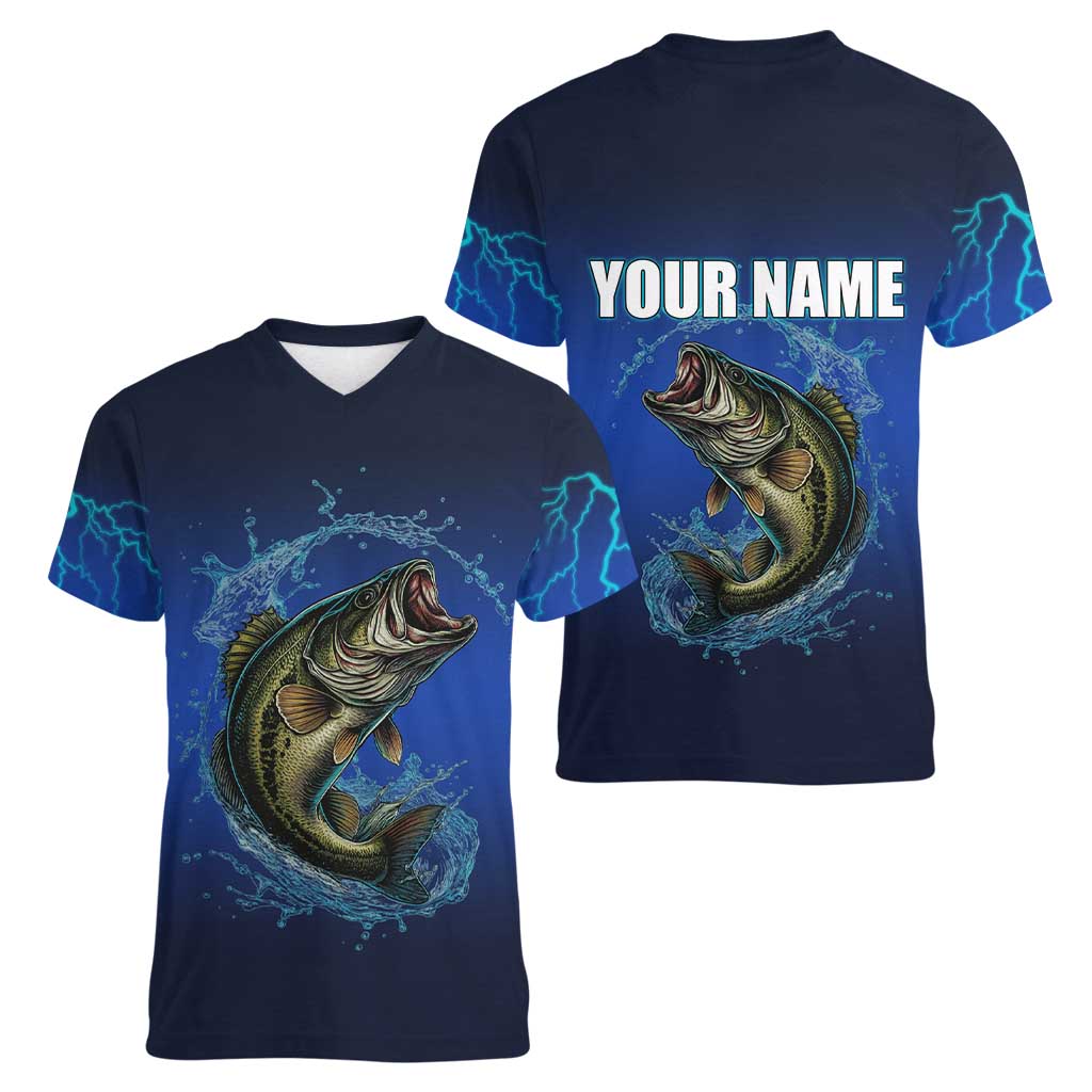 Custom Jumping Bass Fishing Women V-Neck T-Shirt with Water Splash and Lightning Background - Wonder Print Shop
