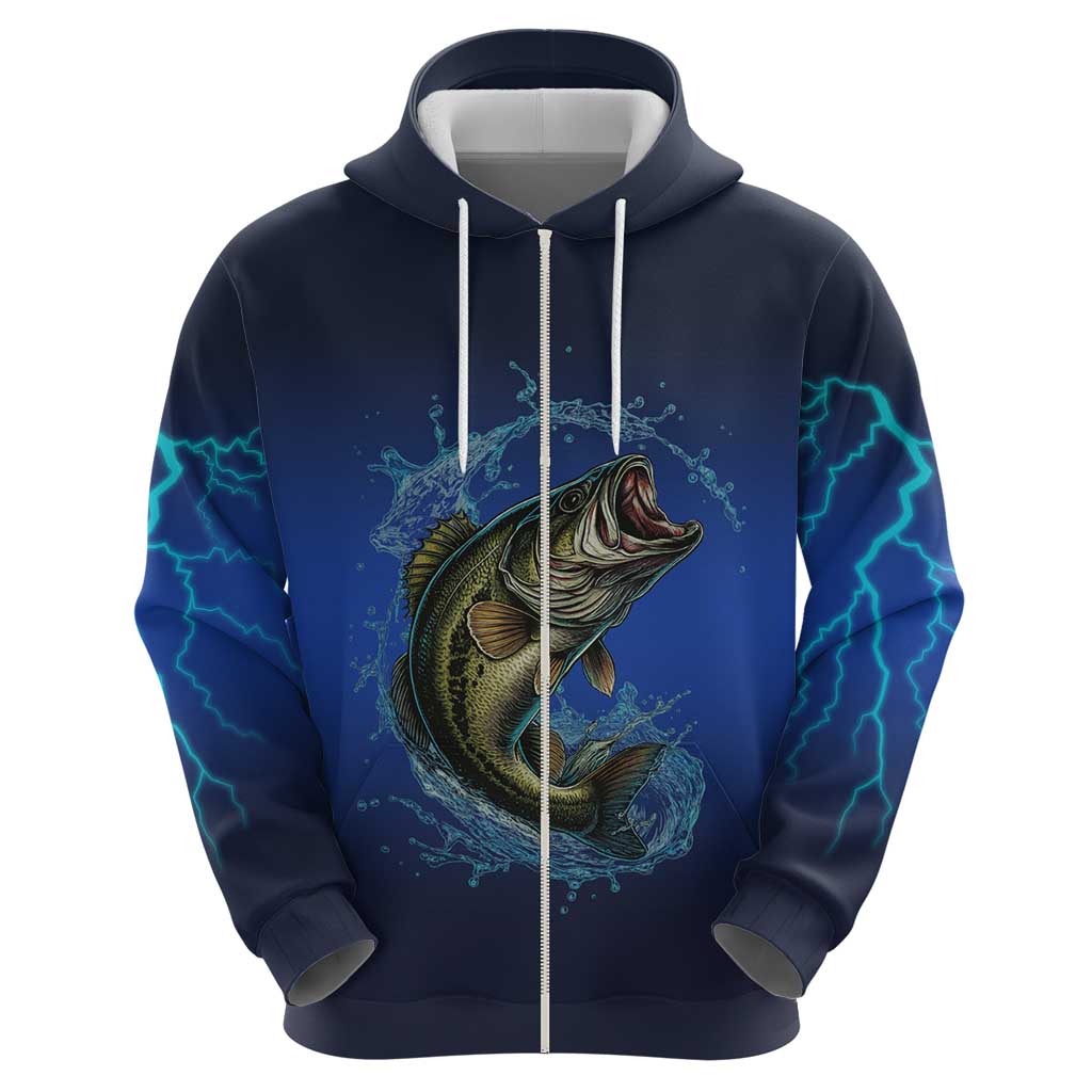 Custom Jumping Bass Fishing Zip Hoodie with Water Splash and Lightning Background - Wonder Print Shop