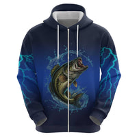 Custom Jumping Bass Fishing Zip Hoodie with Water Splash and Lightning Background - Wonder Print Shop