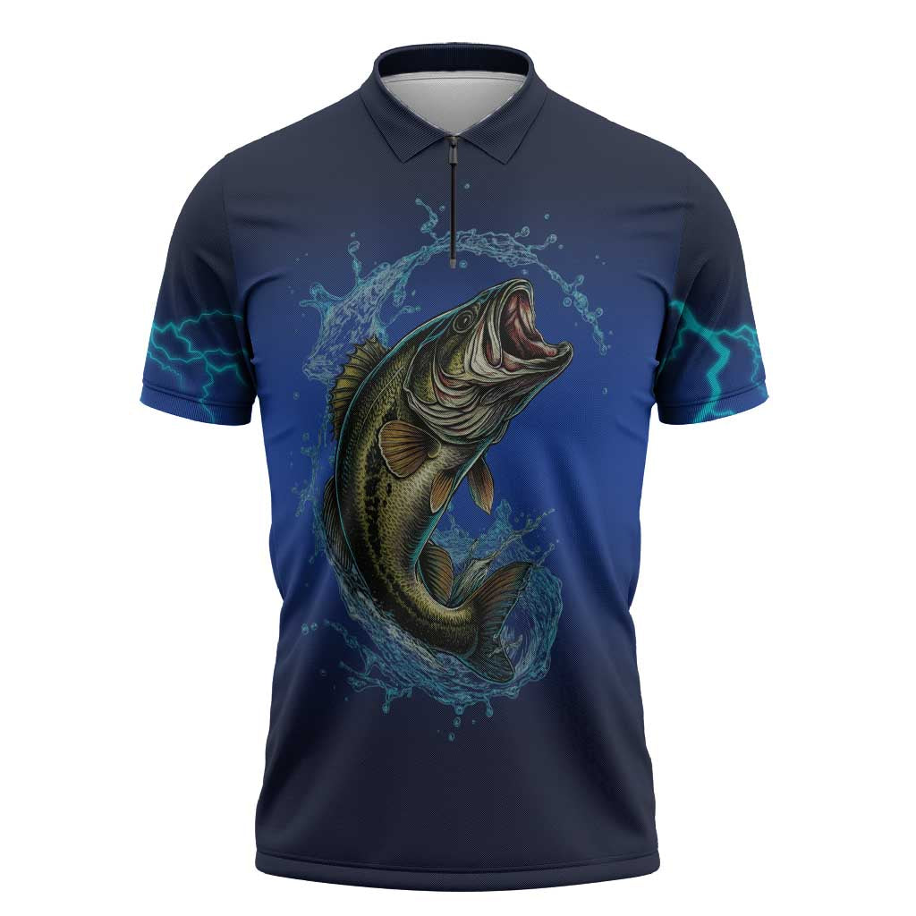 Custom Jumping Bass Fishing Zipper Polo Shirt with Water Splash and Lightning Background - Wonder Print Shop