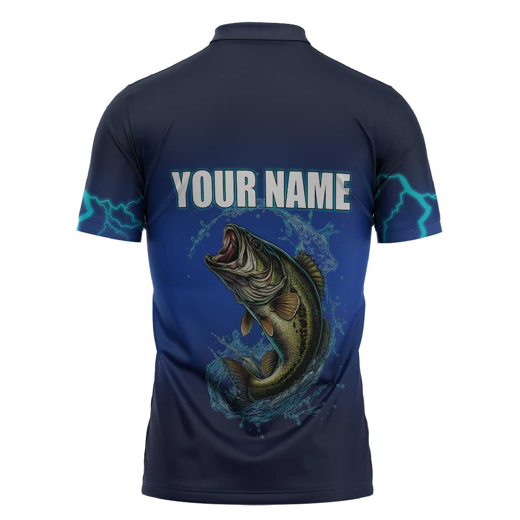 Custom Jumping Bass Fishing Zipper Polo Shirt with Water Splash and Lightning Background - Wonder Print Shop