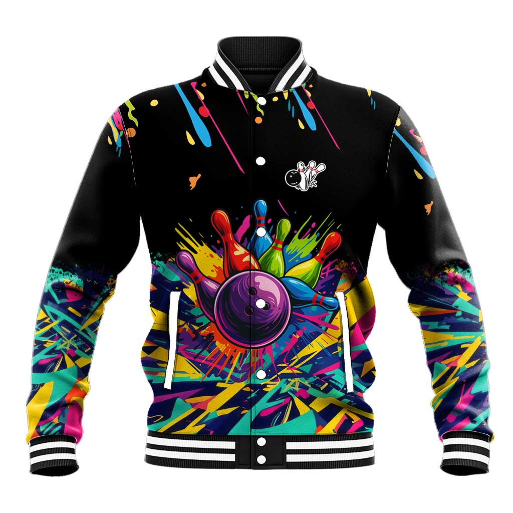 Colorful Bowling Ball and Pins Graphic Baseball Jacket Custom with Paint Splash - Wonder Print Shop
