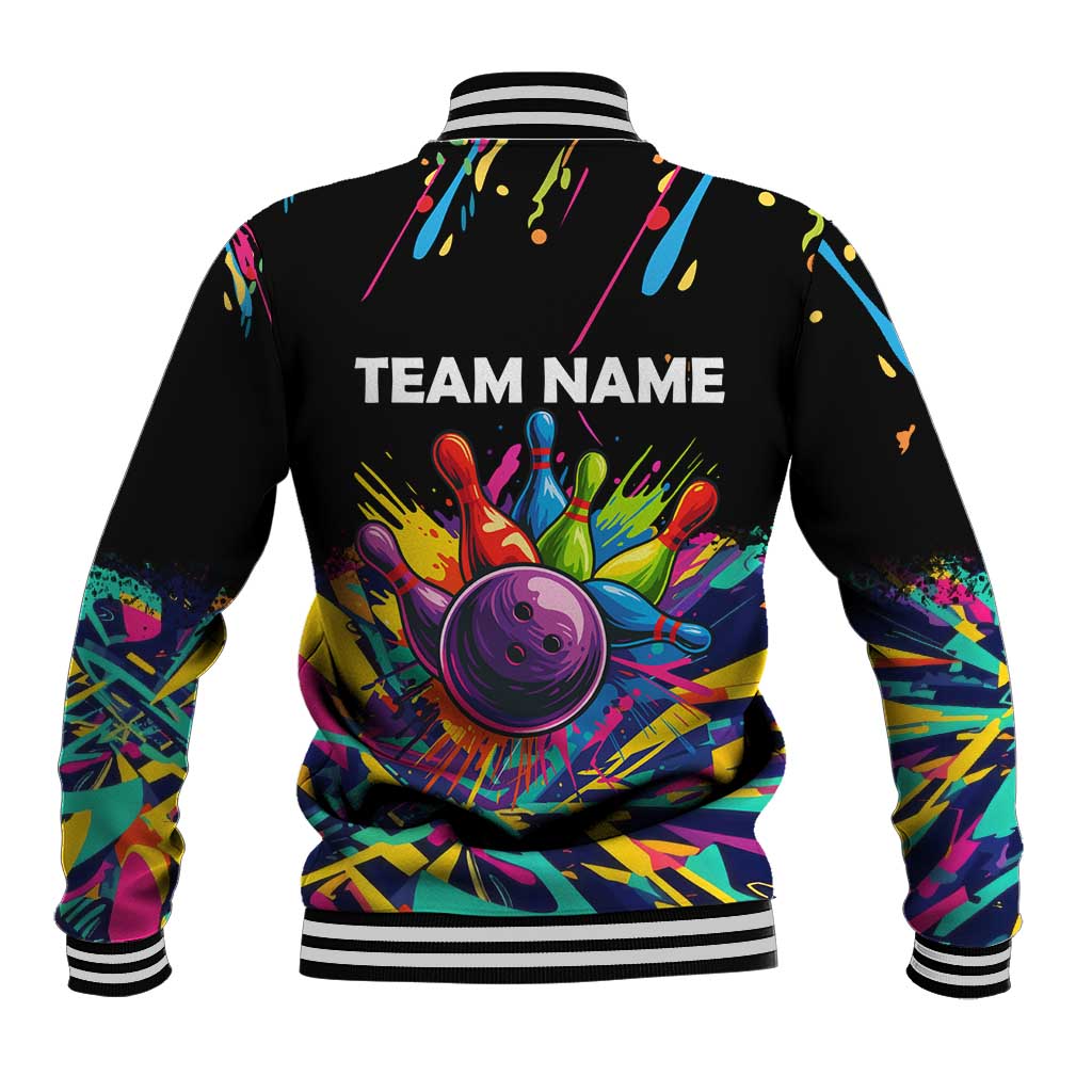 Colorful Bowling Ball and Pins Graphic Baseball Jacket Custom with Paint Splash - Wonder Print Shop