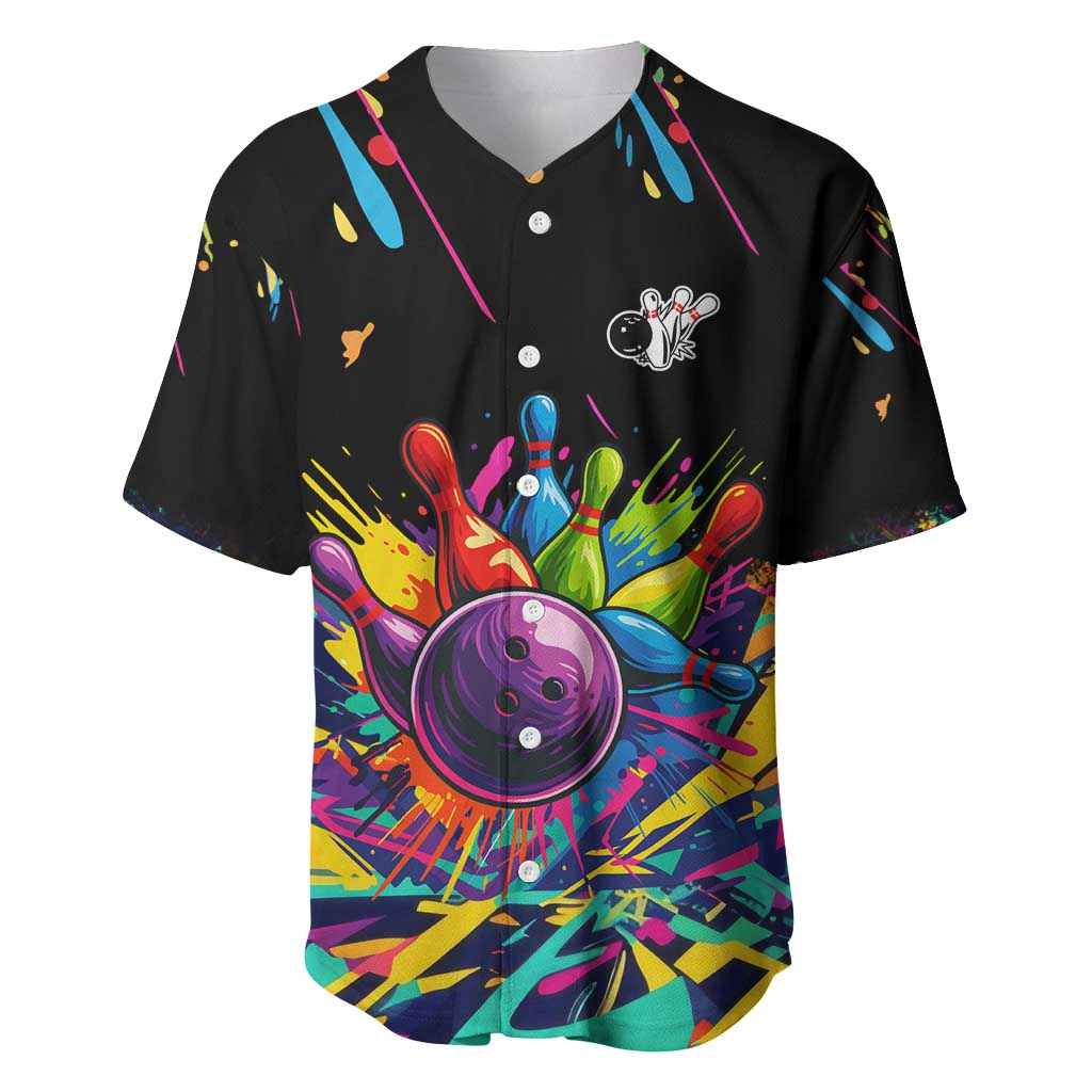 Colorful Bowling Ball and Pins Graphic Baseball Jersey Custom with Paint Splash - Wonder Print Shop