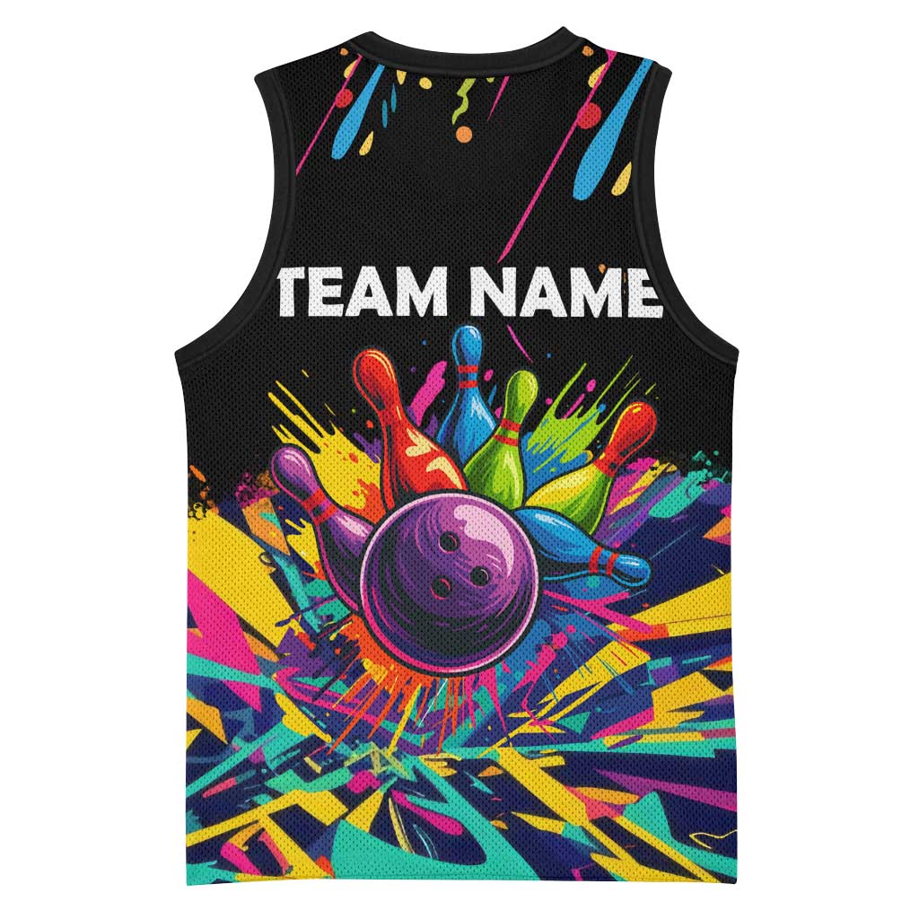 Colorful Bowling Ball and Pins Graphic Basketball Jersey Custom with Paint Splash - Wonder Print Shop