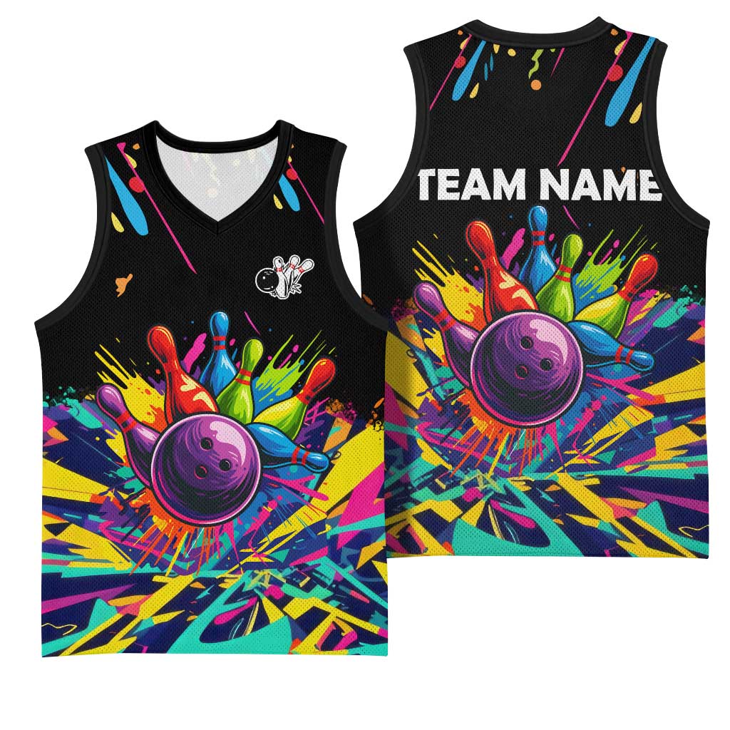 Colorful Bowling Ball and Pins Graphic Basketball Jersey Custom with Paint Splash - Wonder Print Shop