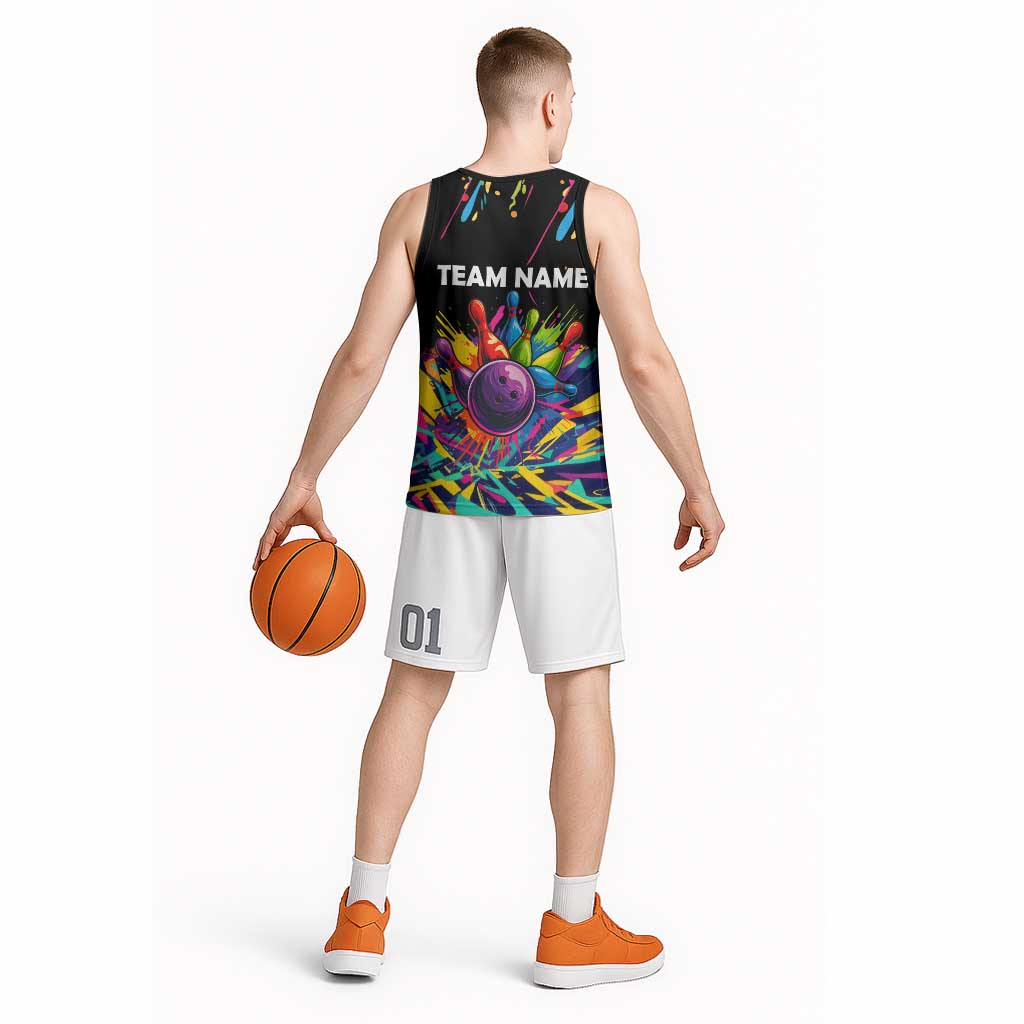 Colorful Bowling Ball and Pins Graphic Basketball Jersey Custom with Paint Splash - Wonder Print Shop