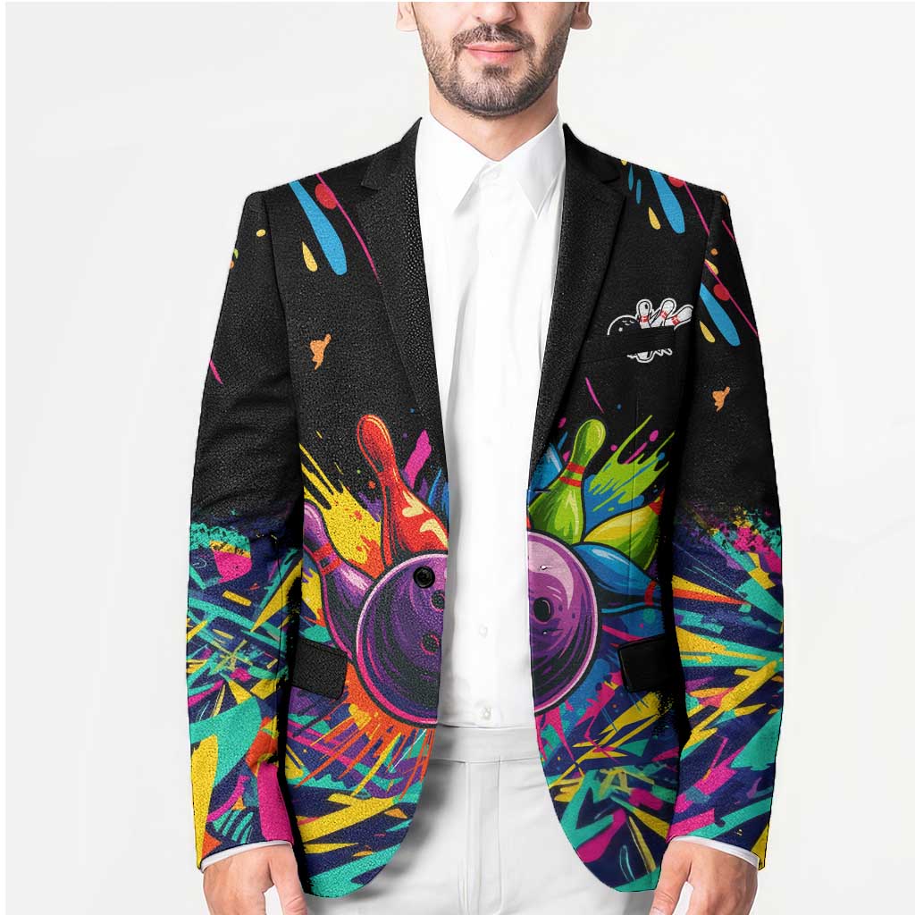 Colorful Bowling Ball and Pins Graphic Blazer Custom with Paint Splash - Wonder Print Shop