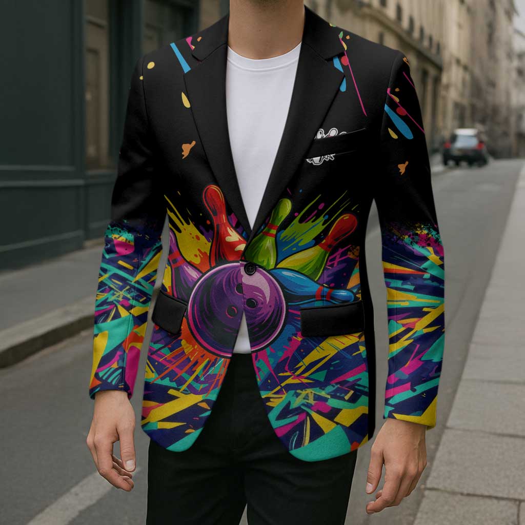 Colorful Bowling Ball and Pins Graphic Blazer Custom with Paint Splash - Wonder Print Shop