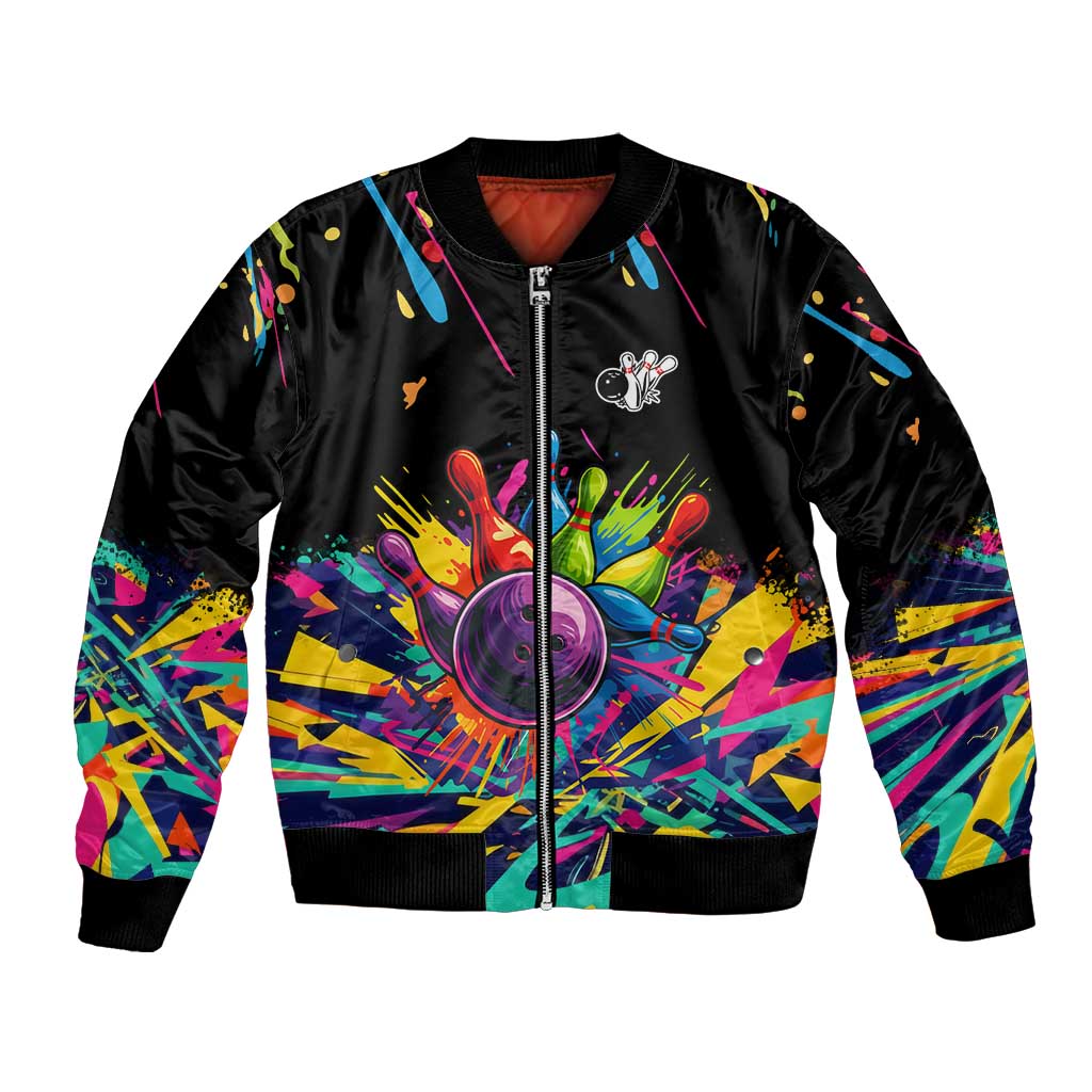 Colorful Bowling Ball and Pins Graphic Bomber Jacket Custom with Paint Splash - Wonder Print Shop