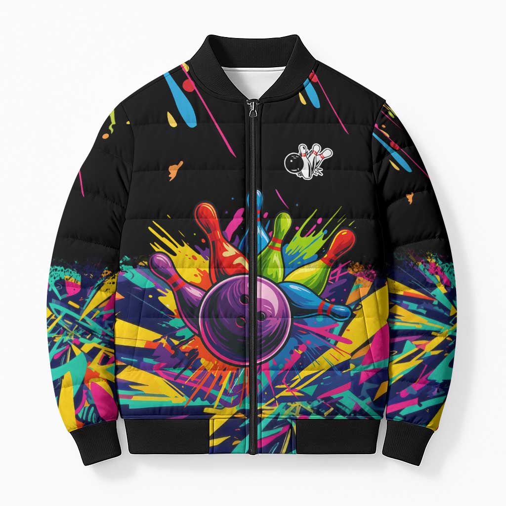 Colorful Bowling Ball and Pins Graphic Bomber Puffer Jacket Custom with Paint Splash - Wonder Print Shop