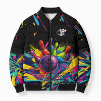 Colorful Bowling Ball and Pins Graphic Bomber Puffer Jacket Custom with Paint Splash - Wonder Print Shop