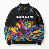 Colorful Bowling Ball and Pins Graphic Bomber Puffer Jacket Custom with Paint Splash - Wonder Print Shop