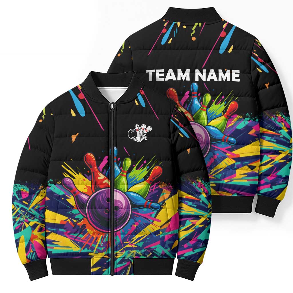 Colorful Bowling Ball and Pins Graphic Bomber Puffer Jacket Custom with Paint Splash - Wonder Print Shop