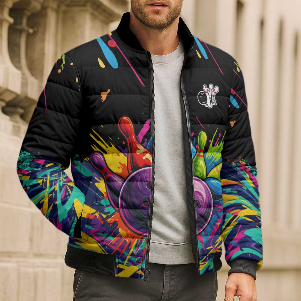 Colorful Bowling Ball and Pins Graphic Bomber Puffer Jacket Custom with Paint Splash - Wonder Print Shop